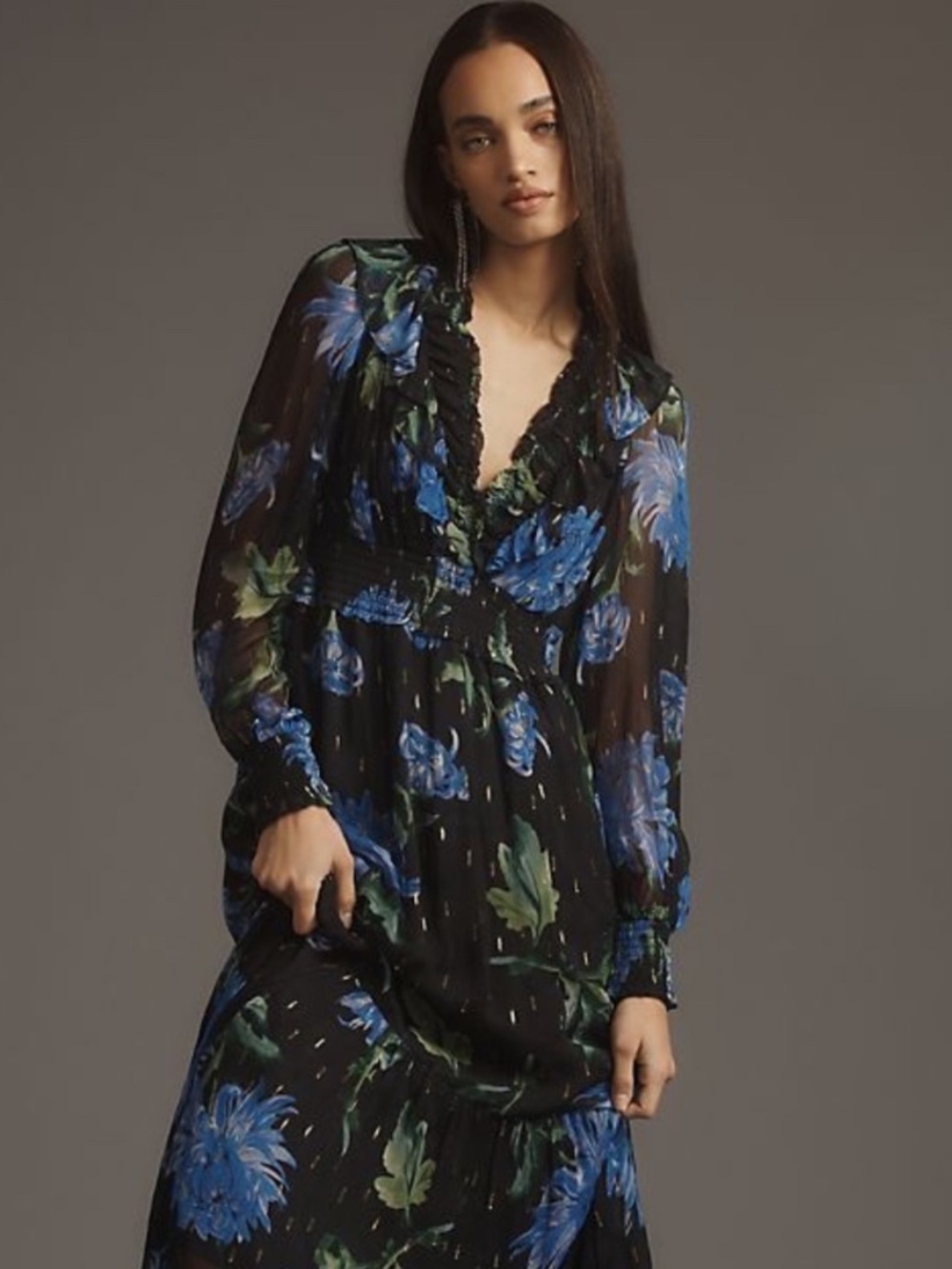 Anthropologie Black and Blue Floral Maxi Dress